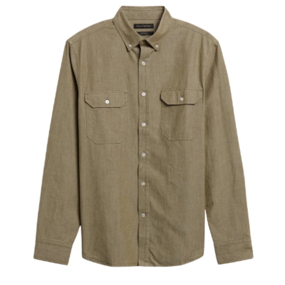 Banana Republic Mens Xlarge Untucked Standard-Fit Chambray Shirt Washed Olive